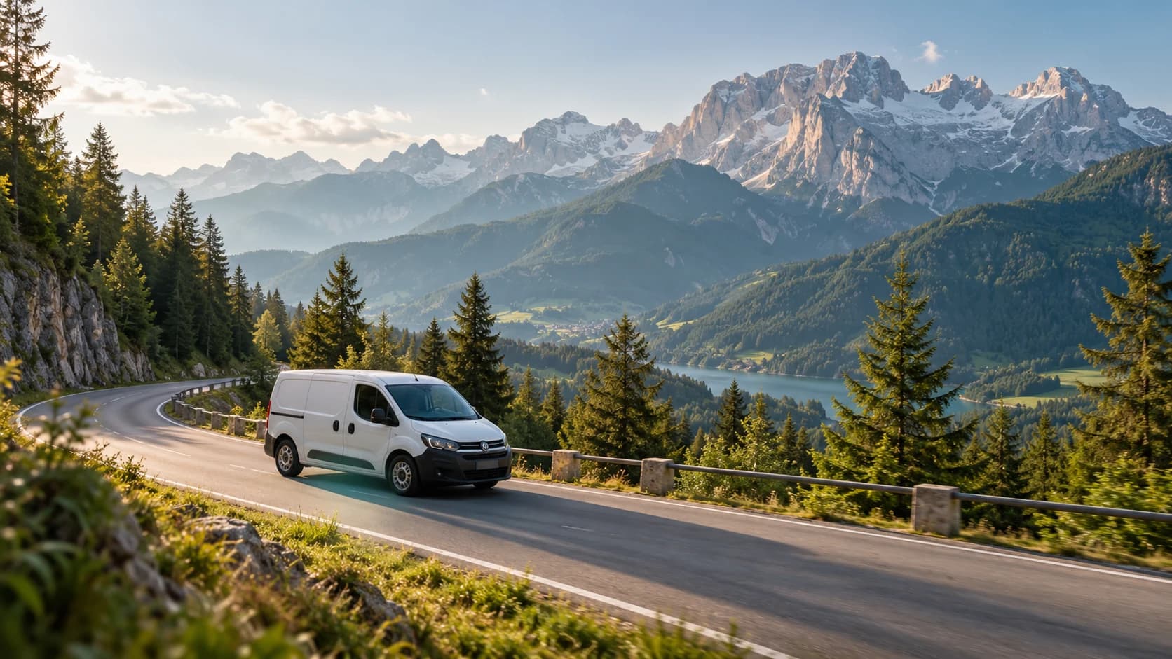 Un furgone percorre una strada tra le montagne del Trentino — immagine illustrativa